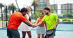 Padel court, hands stack and people with training, competition and team building for match. Tennis players, men and women with practice, gesture and motivation with recreation, hobby and sports game