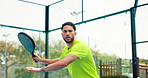 Padel, sports and man serve at court for game, training and tournament practice for workout. Tennis player, exercise and person outdoor for competition, match and fitness challenge for health
