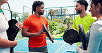 Group, people and talk for padel outdoor of match practice, fitness advice and game technique. Friends, discussion and prepare for tennis competition, sports questions and tips of tournament on court