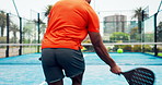 Tennis racket, game and back of man on court for serve, competition training and fitness. Contest challenge, workout and arena with person or padel player for sports athlete, turf and club tournament