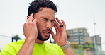 Headache, stress and fitness with man on padel court for workout fatigue, dehydration or inflammation. Exercise crisis, frustrated and migraine with person or tennis player for mistake and tension