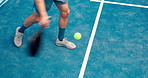 Fitness, legs and man with padel on tennis court for serving with practice, match or workout. Sports, athlete and male person playing game with racket for exercise, training or hobby outdoor.