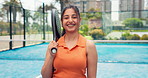 Padel tennis, face and smile with woman on court for fitness, training and performance. Game, workout portrait and club competition with person in match for athlete, exercise and racket tournament