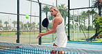 Woman, padel and tennis court for training, ball or warm up for match, game and sports in summer. Person, athlete and outdoor with racket, equipment and gear for exercise with fitness for competition