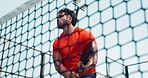 Score, net and padel with man on court for fitness, energy and game competition goal. Success, tennis player achievement and low angle with person outdoor for sports club, contest and target