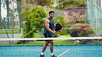Winner, padel and game with man on court for competition training, contest score and fitness. Challenge achievement, tennis player and target with people on outdoor turf for match and tournament