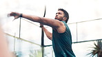 Winner, padel and fitness with man on court for competition training, contest score and game. Challenge achievement, tennis player and target with people on outdoor turf for match and tournament