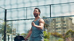 Padel, court and man with racket, excited and training for competition, active and energy for sport. Outdoor, tennis player and person with equipment for game, fitness and celebration for success