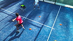 Cones, padel and coaching with people on court for footwork drills, learning and tournament challenge. Agility training, tennis player and contest guide with above of man on turf for sports club