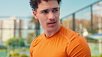 Tennis, man and tired with breathing on court for intense match, tournament game or sports fatigue. Thinking, padel player or exercise break at health club with training recovery, burnout or practice
