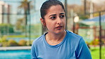 Tennis, woman or tired with breathing on court for intense match, tournament game or workout fatigue. Padel, athlete and thinking at sports club with training challenge, exercise break and recovery
