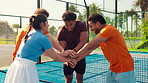 Tennis, sports and hands stack of people for teamwork, support and motivation for training. Fitness, happy and men with women together for exercise, practice and collaboration on court for match