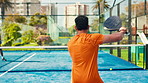 Back, man and swing racket for padel fitness, match practice and sports competition. People, hit ball and paddle game with tennis challenge, agile movement and technique skills for tournament outdoor