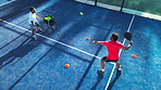 Training, padel and coaching with man on court for footwork drills, learning and tournament challenge. Agility lesson, tennis player and contest guide with above of person on turf for sports club
