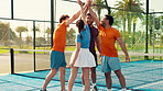 Applause, sports and people with high five on tennis court for teamwork, training and winning game. Fitness, padel and happy men with women celebrate for exercise, practice and workout for match