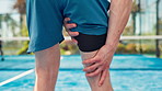 Person, hands or leg pain on padel court for joint inflammation, sport injury or muscle tension. Back view, strain or sore hamstring with physical accident, pressure or ache for mistake or discomfort