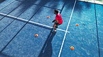 Training, padel and cones with man on court for footwork drills, learning and tournament challenge. Agility coaching, tennis player and contest guide with above of person on turf for sports club