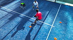 Training, padel and teaching with people on court for footwork drills, learning and tournament challenge. Agility coaching, tennis player and contest guide with above of man on turf for sports