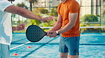 Padel, coaching and swing with hands of people on court for competition training, learning and sports. Club tournament, tennis player and workout with athlete on outdoor turf for contest and game