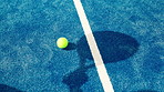 Above, racket and tennis court with ball, shadow and training with routine. Person, equipment and practice with challenge, contest and sports game with health facility, start match and fitness