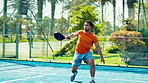 Athlete, man and swing racket for padel fitness, match practice and sports competition. Male person, hitting ball and game for tennis challenge, agile movement and technique skills for tournament