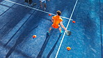 Training, padel and practice with people on court for footwork drills, learning and tournament challenge. Agility coaching, tennis player and contest guide with above of man on turf for sports