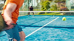 Hands, person and swing racket for padel fitness, match practice and sports competition. Sportsman, hit ball and game for tennis challenge, agile movement and technique skills for tournament on court