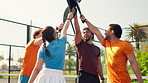 Fitness, padel and people with rackets together on tennis court for solidarity, bonding or teamwork. Happy, exercise and group of athletes with connection for sports collaboration outdoor for workout
