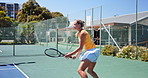Fitness, tennis and woman on court outdoor for match, training or cardio workout with competition. Sports, racket and athlete hitting ball for game, practice or exercise with equipment for challenge.