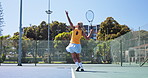 Tennis player, serve and woman with racket, court and training for tournament with energy or fitness. Outdoor, athlete and person with equipment for sport, cardio and preparing for match and practice