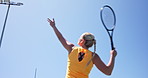 Active, tennis player and woman with racket, sky and training for tournament with energy and fitness. Outdoor, athlete and person with equipment for sport, practice and preparing for match or game