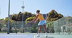 Tennis, fitness and woman with racket on court for game, match and training for competition. Sports, outdoor and person with equipment for playing tournament for workout, exercise and challenge