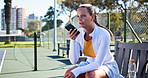 Tennis, woman and phone with voice recording on court for audio message, match update or game break. Sport, player or smartphone on speaker for tournament feedback, conversation or voicemail on bench
