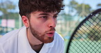 Waiting, man and breathing with racket in tennis for competition match, stance or ready to play. Sports, fitness and player with adrenaline on court for tournament, game energy and challenge outdoor