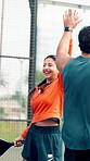 Padel, people and high five for teamwork, win competition or sports achievement with energy. Tennis player, doubles and celebration for success, tournament champion or game victory on outdoor court