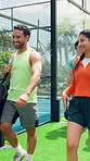 Tennis, outdoor and people with training, conversation and feedback for fitness, smile and funny. Joke, athlete or healthy friends with happiness, practice or support with advice, challenge and hobby