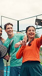 Padel, friends and smile for selfie, court or profile picture for social media, athletes and outdoor. Tennis players, people and happy for together, fitness and photography for sport competition