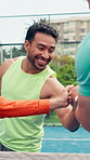 Tennis, team and man with fist bump on court for match practice, healthy competition or start game. Padel, happy players or greeting at sports club for friendly tournament, challenge or sportsmanship