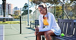 Tennis, sports and woman with racket thinking for game strategy, tournament and practice for match. Fitness, athlete and person on court ready to start workout, training and exercise for competition
