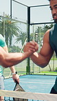 Outdoor, tennis and men with training, handshake and challenge with sports game. Shaking hands, players or people with competition, contest or respect with friendly match or thank you with fair play