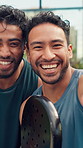 Face, men and selfie for padel sport, friends and profile picture for social media post and fitness. Outdoor, tennis players and people with racket for competition, photography and happy for match
