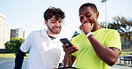 Men, friends and phone at tennis court, happy and talk with meme, break and fitness at park. People, laugh and athlete with smartphone, mobile app or chat with funny video on social network at club