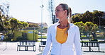 Woman, racket and walk on tennis court for fitness, game and ready for thinking by net in summer. Girl, athlete and perspective with sports equipment, gear and outdoor for match, training or exercise