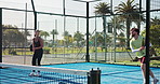 Fitness, padel team and people on court for training, exercise and playing for competition. Practice, sports and woman with man outdoor for hobby, workout and challenge for tournament, match and game
