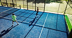 Padel, exercise and above of people on court playing for workout, competition and training together. Team, sports and man with woman for game, match and outdoor for fitness, hobby and practice