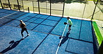 Padel, fitness and above of people on court playing for workout, competition and training together. Team, sports and man with woman for game, match and outdoor for exercise, hobby and practice