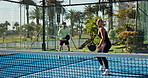 Man, woman and padel at tennis court with partner, challenge and competition with fitness at park. People, team and exercise with sports, contest or training with racket, equipment and game in summer