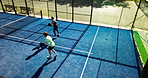 Padel, fitness and above of people outdoor playing for workout, competition and training together. Team, sports and man with woman for game, match and hobby for exercise, challenge and practice