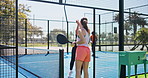 Padel court, late and women with training, high five and sports game with challenge. Greeting, tennis players and friends with fitness, competition and practice with tournament, hobby and hello
