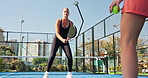 Padel, sports and woman on court with coach for practice, exercise and training for competition. Tennis, personal trainer and person with equipment for fitness, routine and workout for match or game